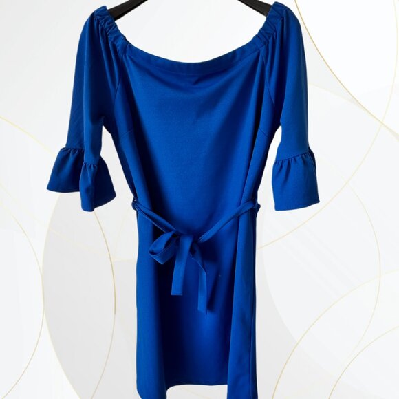 ABS Allen Schwartz Off Shoulder Bell Sleeve Mini Dress Indigo Blue - Picture 1 of 8